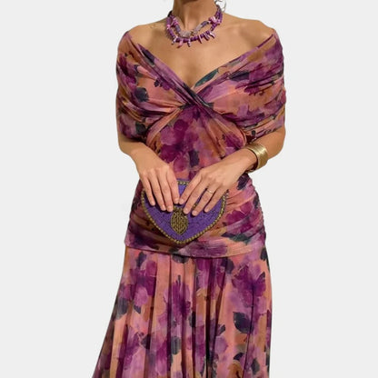 Elegant Off Shoulder Maxi Dress for Women with Draped Bodice Ruched Waist Formal Wedding Guest Style