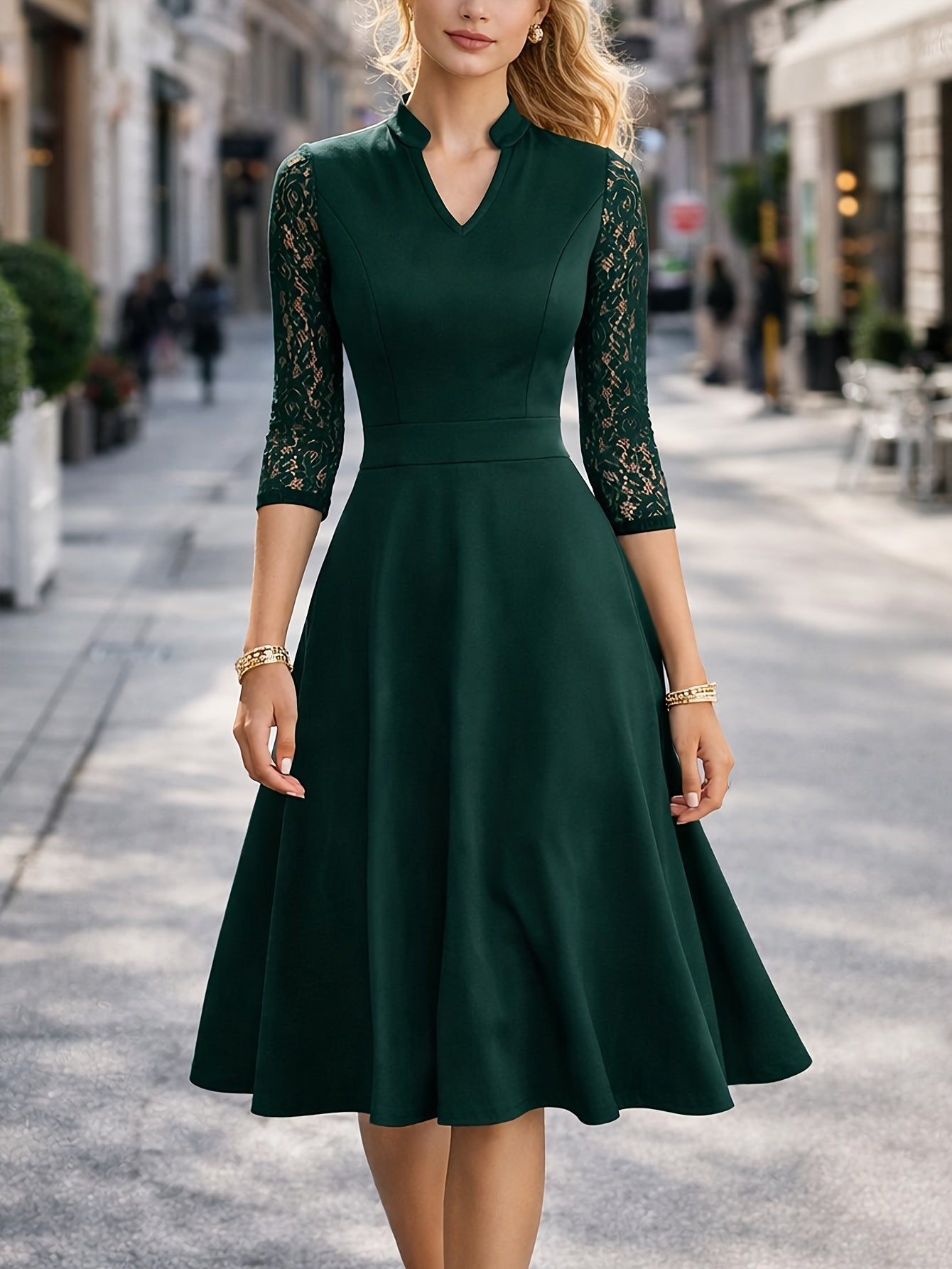 Elegant Lace Trim Midi Dress for Women with Notch V Neck Elbow Sleeve Fit and Flare Cocktail Style