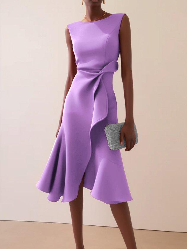Elegant Draped Midi Dress for Women with Round Neck Sleeveless Asymmetrical Ruffle Flowing Style