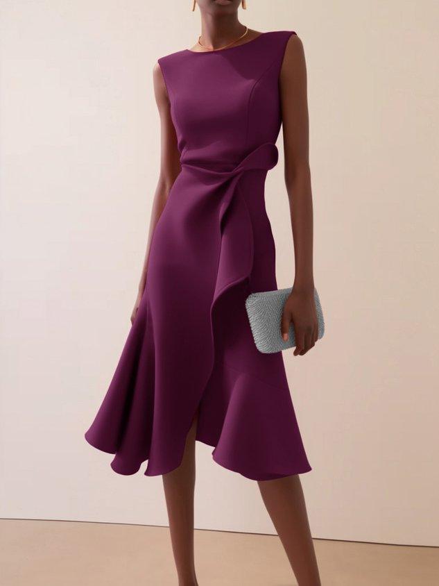 Elegant Draped Midi Dress for Women with Round Neck Sleeveless Asymmetrical Ruffle Flowing Style