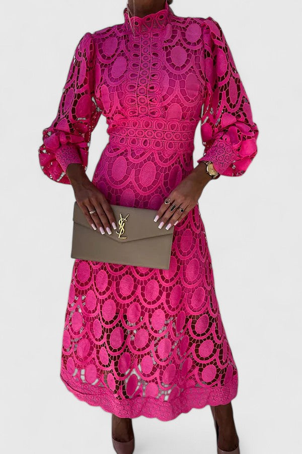 Elegant Lace Maxi Dress for Women with High Neck Long Sleeve Tiered Skirt Formal Wedding Guest Style