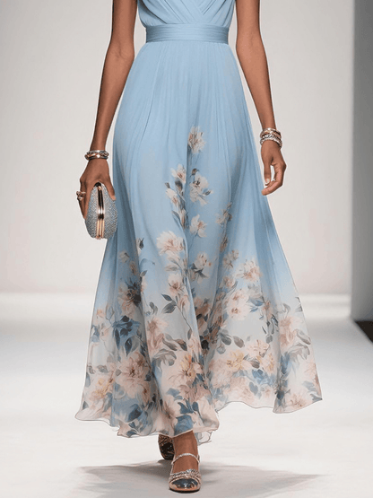 Effortless Floral Chiffon Maxi Dress for Women with V Neck Sleeveless Pleated Flowing Wedding Guest Style