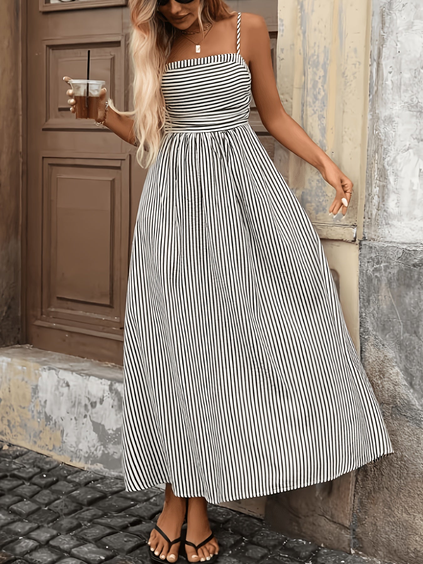 Elegant Black and White Striped Maxi Dress for Women with Square Neck Sleeveless Smocked High Low Style