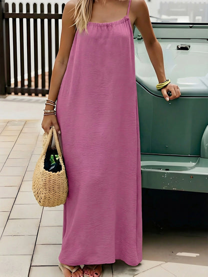 Effortless Crinkled Maxi Dress for Women with Scoop Back Spaghetti Strap Drawstring Flowing Bohemian Style