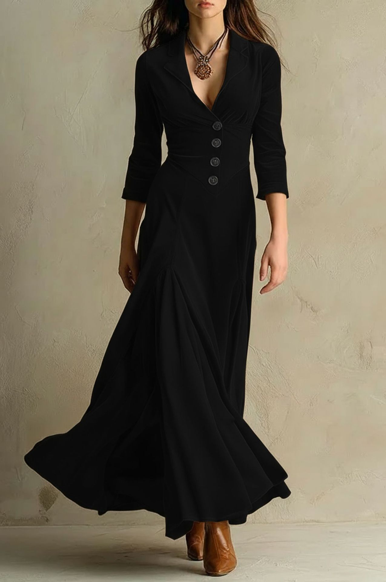 Elegant Velvet Maxi Dress for Women with Collar V Neck Elbow Sleeve Button Front Flowing Style