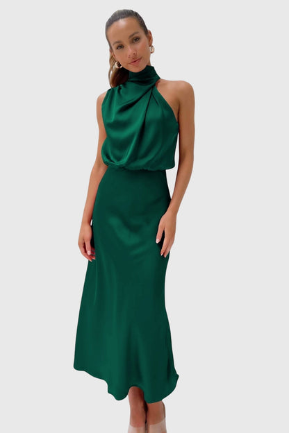 Elegant Satin Maxi Dress for Women with Halter Neck Cowl Draped Sleeveless Formal Wedding Guest Style