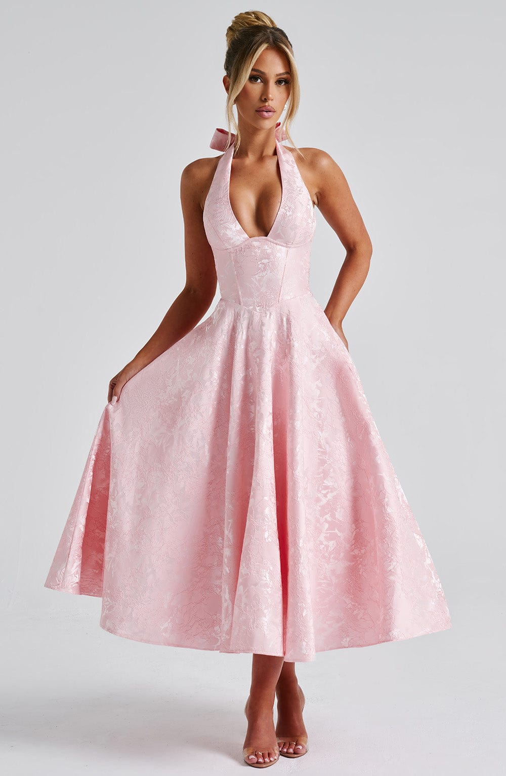 Elegant Midi Dress for Women with Halter Neck Deep V Full Skirt Formal Wedding Guest Style