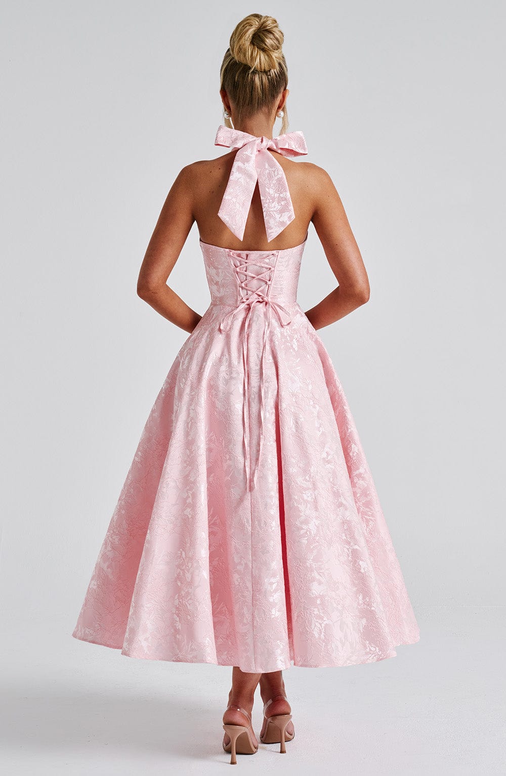 Elegant Midi Dress for Women with Halter Neck Deep V Full Skirt Formal Wedding Guest Style