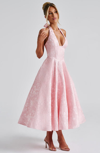 Elegant Midi Dress for Women with Halter Neck Deep V Full Skirt Formal Wedding Guest Style