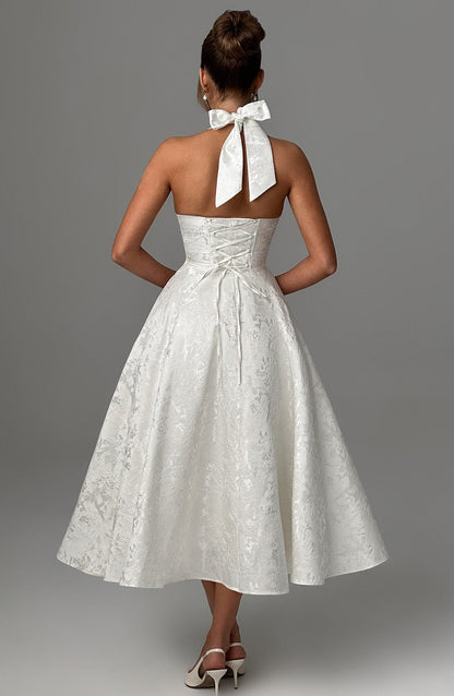 Elegant Midi Dress for Women with Halter Neck Deep V Full Skirt Formal Wedding Guest Style