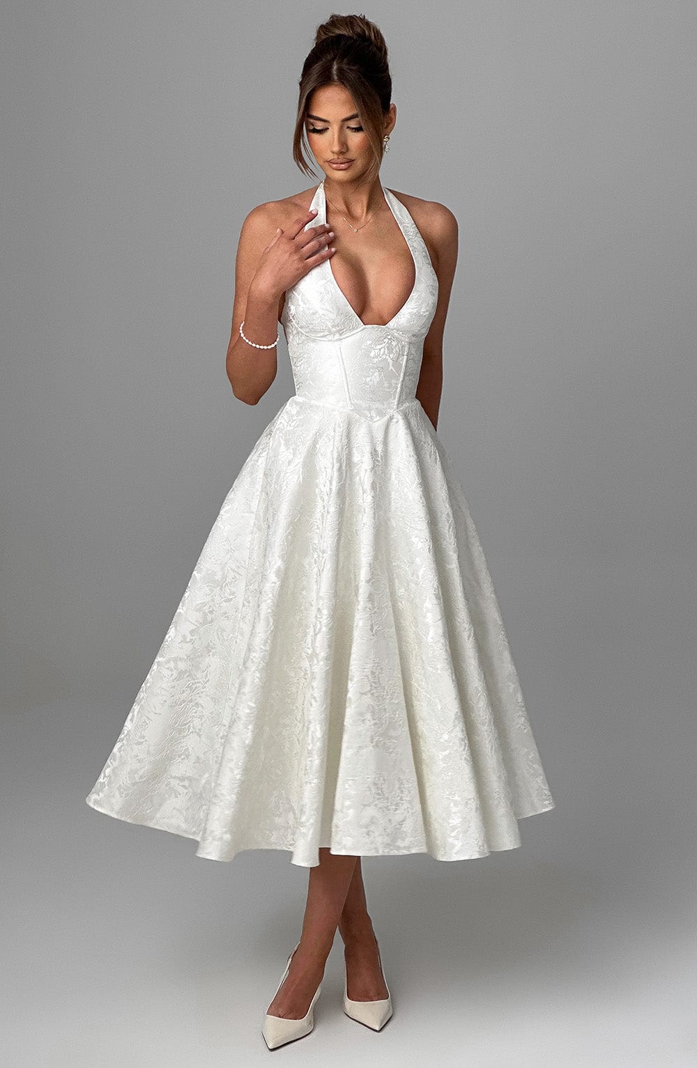 Elegant Midi Dress for Women with Halter Neck Deep V Full Skirt Formal Wedding Guest Style