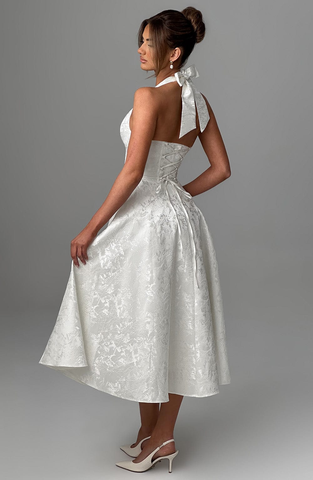 Elegant Midi Dress for Women with Halter Neck Deep V Full Skirt Formal Wedding Guest Style