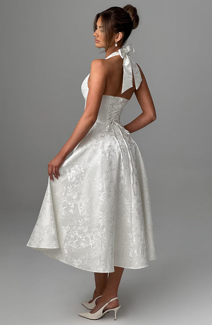 Elegant Midi Dress for Women with Halter Neck Deep V Full Skirt Formal Wedding Guest Style