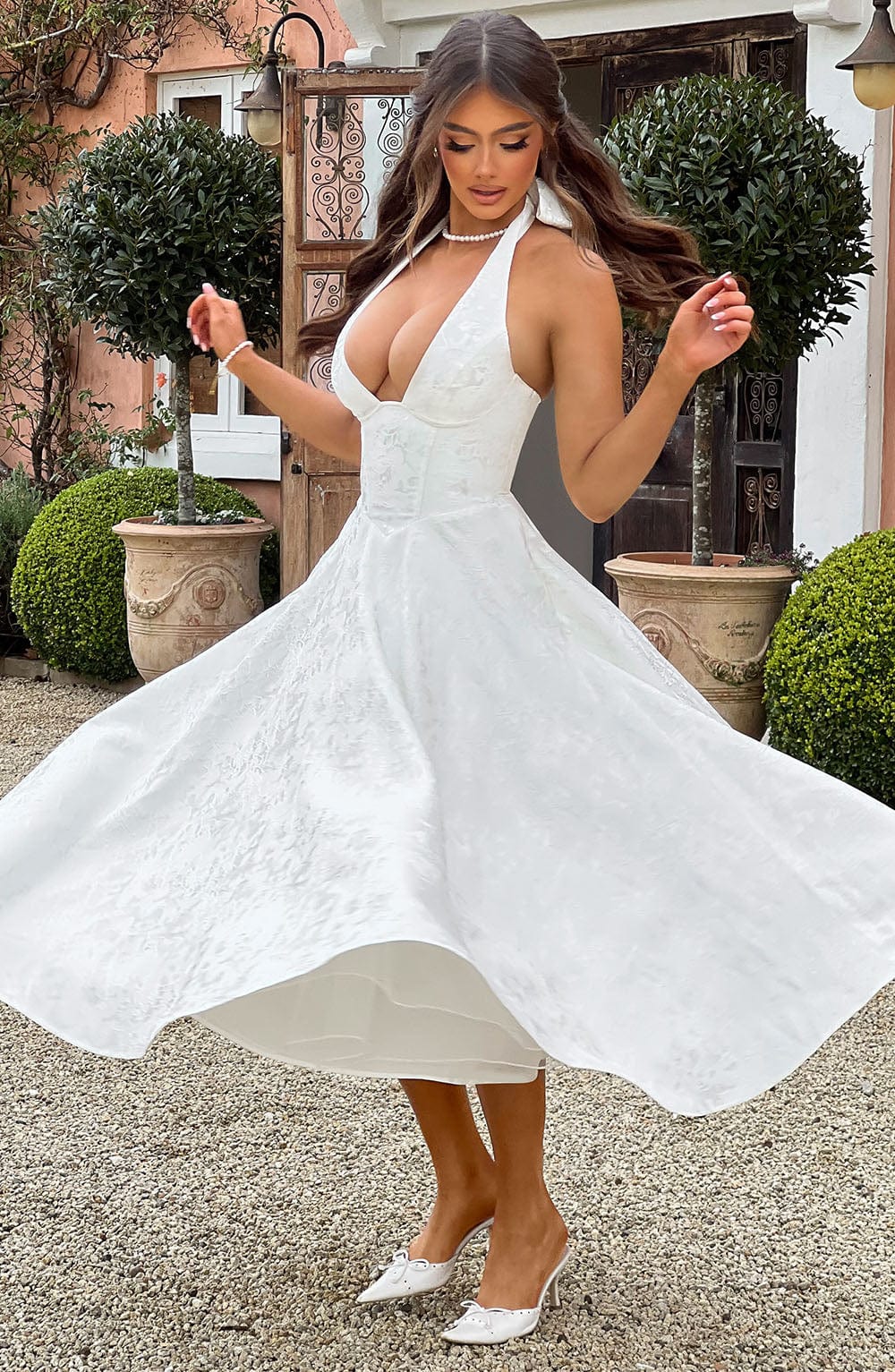 Elegant Midi Dress for Women with Halter Neck Deep V Full Skirt Formal Wedding Guest Style
