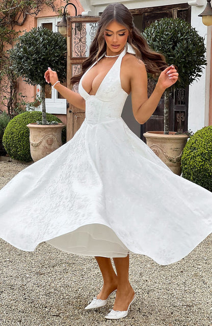Elegant Midi Dress for Women with Halter Neck Deep V Full Skirt Formal Wedding Guest Style