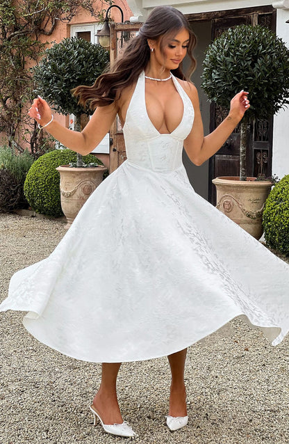 Elegant Midi Dress for Women with Halter Neck Deep V Full Skirt Formal Wedding Guest Style