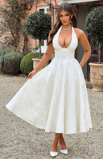 Elegant Midi Dress for Women with Halter Neck Deep V Full Skirt Formal Wedding Guest Style