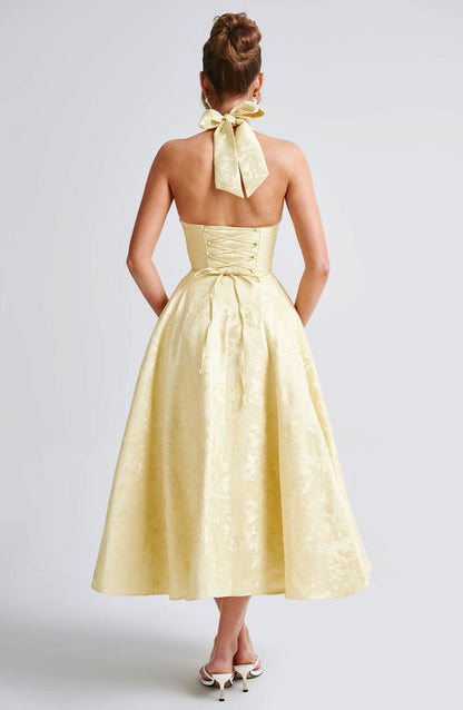 Elegant Midi Dress for Women with Halter Neck Deep V Full Skirt Formal Wedding Guest Style