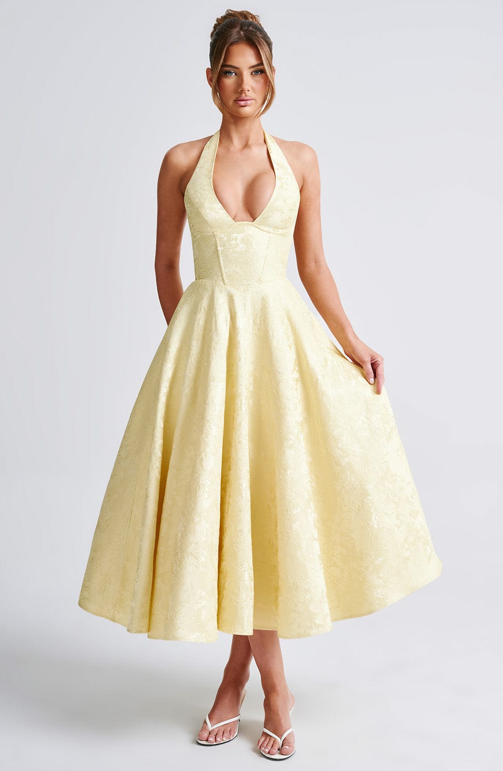 Elegant Midi Dress for Women with Halter Neck Deep V Full Skirt Formal Wedding Guest Style