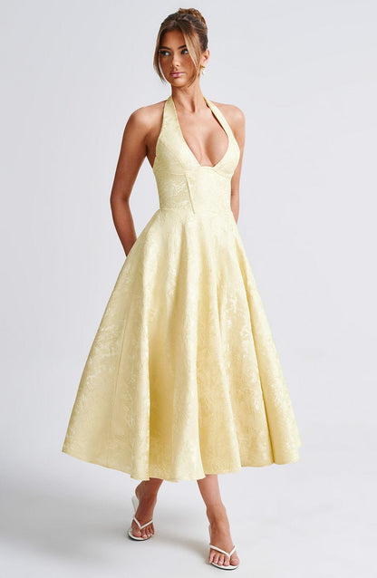 Elegant Midi Dress for Women with Halter Neck Deep V Full Skirt Formal Wedding Guest Style