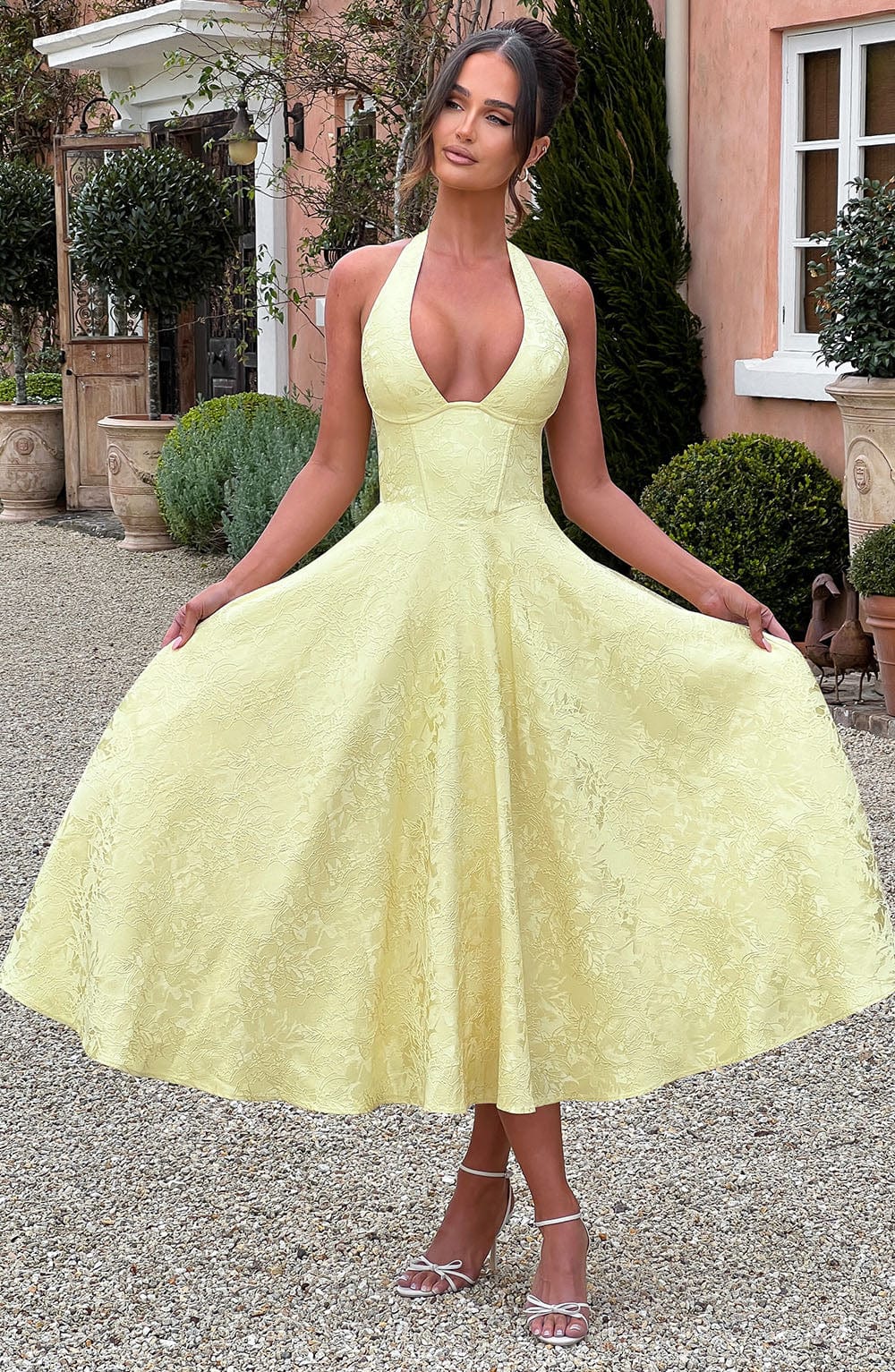 Elegant Midi Dress for Women with Halter Neck Deep V Full Skirt Formal Wedding Guest Style