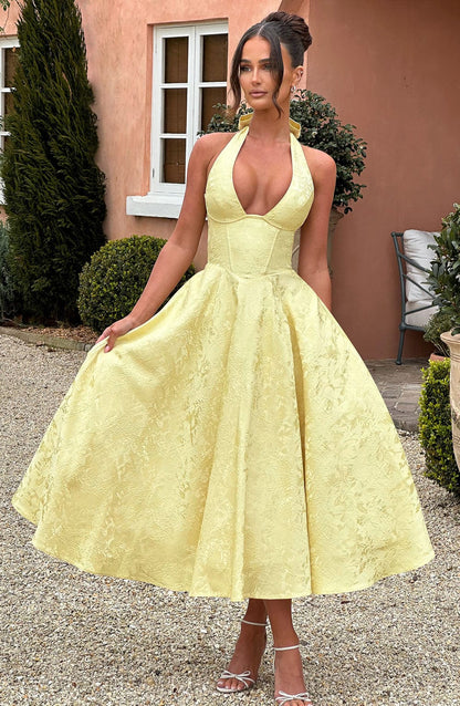 Elegant Midi Dress for Women with Halter Neck Deep V Full Skirt Formal Wedding Guest Style