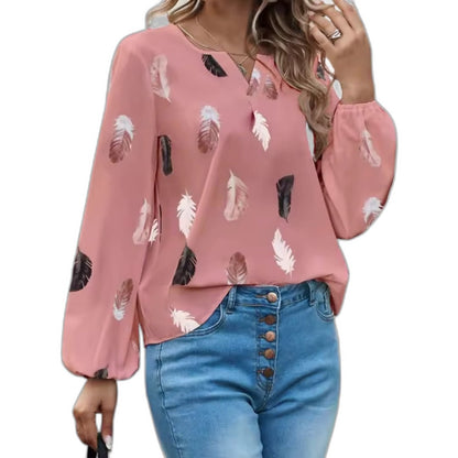 Effortless Abstract Blouse for Women with Chiffon V Neck Long Sleeve Button Front Casual Style