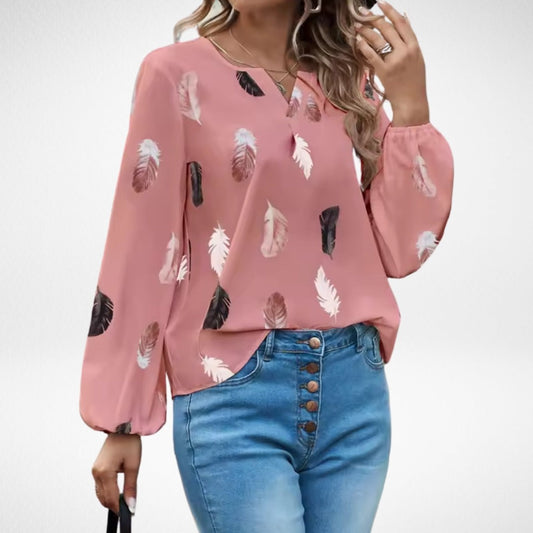 Effortless Abstract Blouse for Women with Chiffon V Neck Long Sleeve Button Front Casual Style