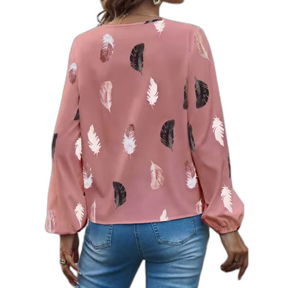 Effortless Abstract Blouse for Women with Chiffon V Neck Long Sleeve Button Front Casual Style