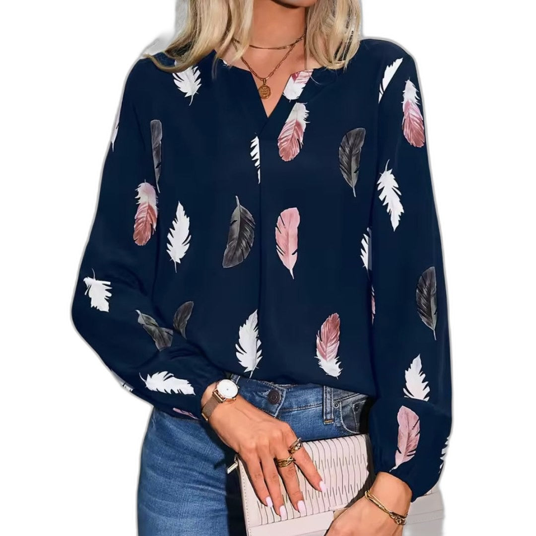 Effortless Abstract Blouse for Women with Chiffon V Neck Long Sleeve Button Front Casual Style
