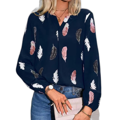 Effortless Abstract Blouse for Women with Chiffon V Neck Long Sleeve Button Front Casual Style