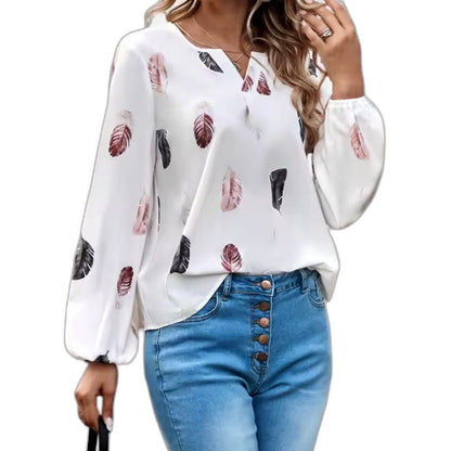 Effortless Abstract Blouse for Women with Chiffon V Neck Long Sleeve Button Front Casual Style