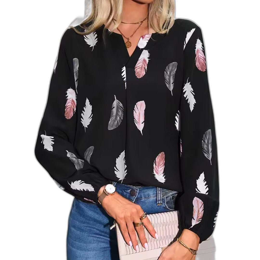 Effortless Abstract Blouse for Women with Chiffon V Neck Long Sleeve Button Front Casual Style