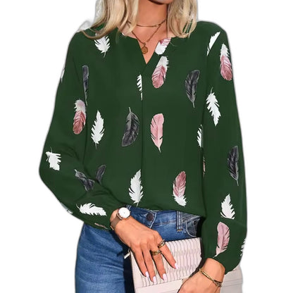 Effortless Abstract Blouse for Women with Chiffon V Neck Long Sleeve Button Front Casual Style