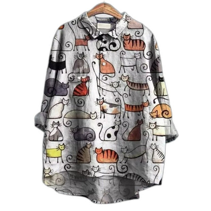 Effortless Abstract Blouse for Women with Collared Long Sleeve Button Front Oversized Casual Style