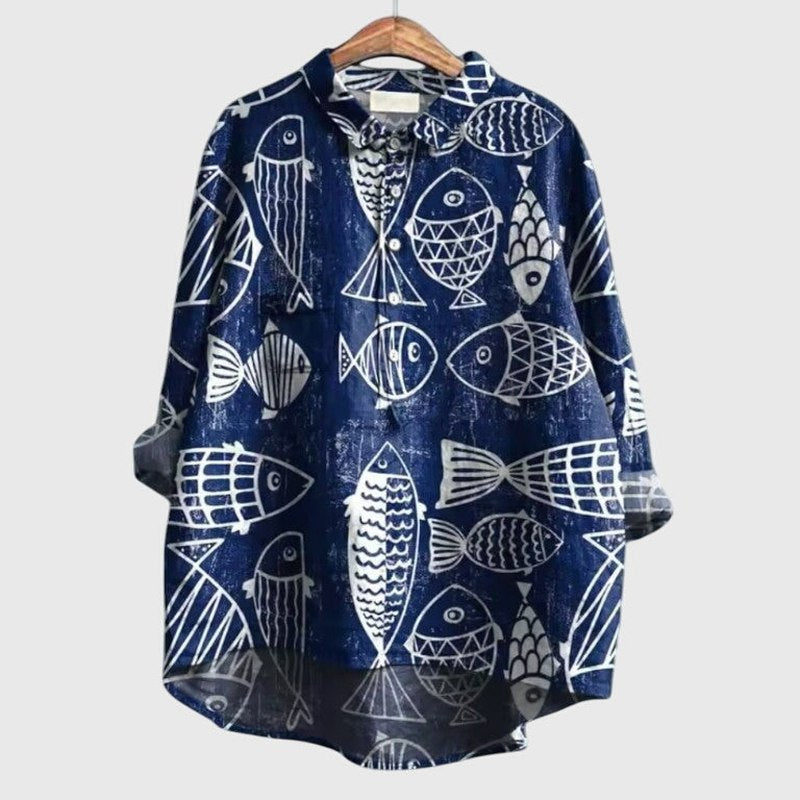 Effortless Abstract Blouse for Women with Collared Long Sleeve Button Front Oversized Casual Style