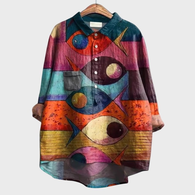 Effortless Abstract Blouse for Women with Collared Long Sleeve Button Front Oversized Casual Style