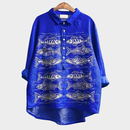 Effortless Abstract Blouse for Women with Collared Long Sleeve Button Front Oversized Casual Style