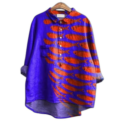 Effortless Abstract Blouse for Women with Collared Long Sleeve Button Front Oversized Casual Style