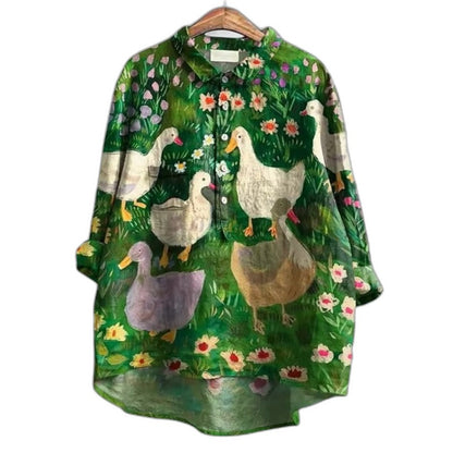 Effortless Abstract Blouse for Women with Collared Long Sleeve Button Front Oversized Casual Style