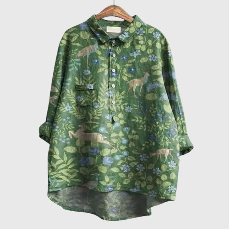 Effortless Abstract Blouse for Women with Collared Long Sleeve Button Front Oversized Casual Style