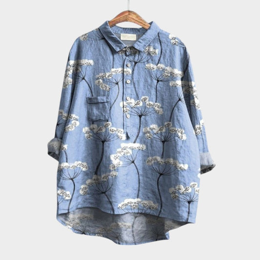 Effortless Abstract Blouse for Women with Collared Long Sleeve Button Front Oversized Pockets Casual Style