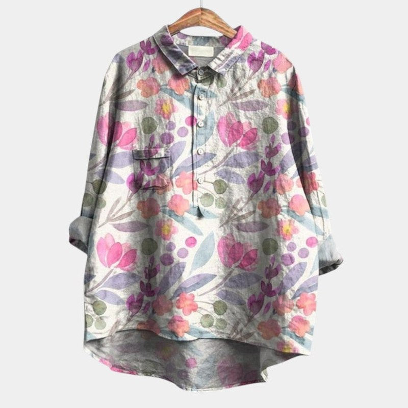 Effortless Abstract Blouse for Women with Collared Long Sleeve Button Front Oversized Pockets Casual Style