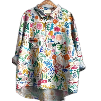 Effortless Abstract Blouse for Women with Collared Long Sleeve Button Front Oversized Pockets Casual Style