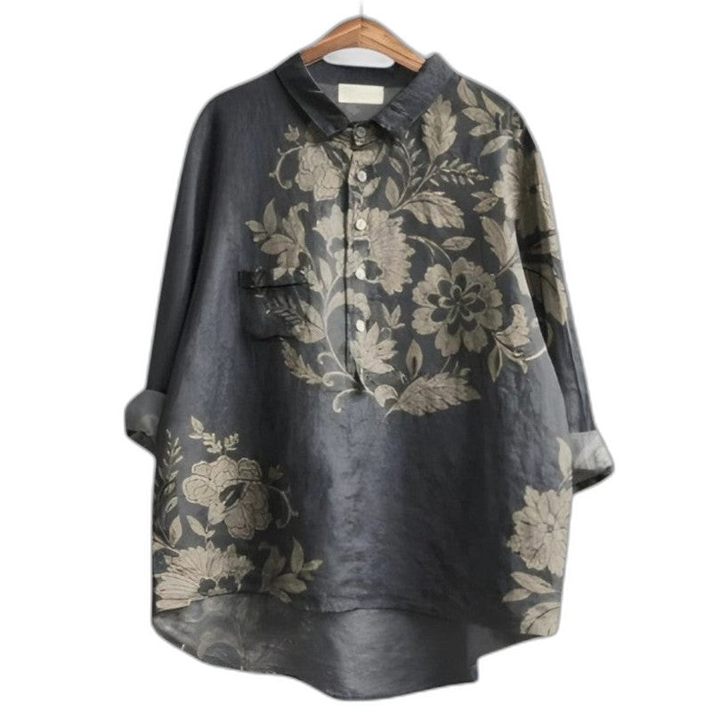 Effortless Abstract Blouse for Women with Collared Long Sleeve Button Front Oversized Pockets Casual Style