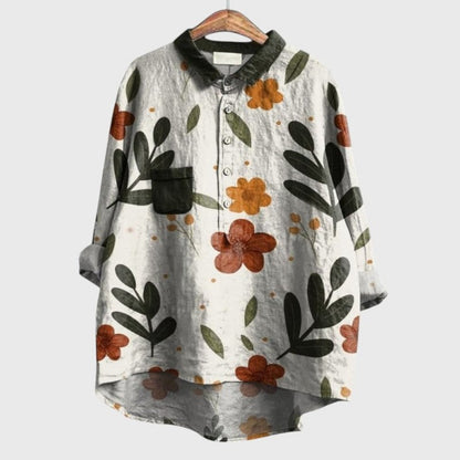 Effortless Abstract Blouse for Women with Collared Long Sleeve Button Front Oversized Pockets Casual Style