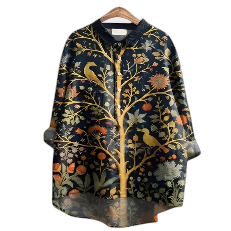 Effortless Abstract Blouse for Women with Collared Long Sleeve Button Front Oversized Pockets Casual Style