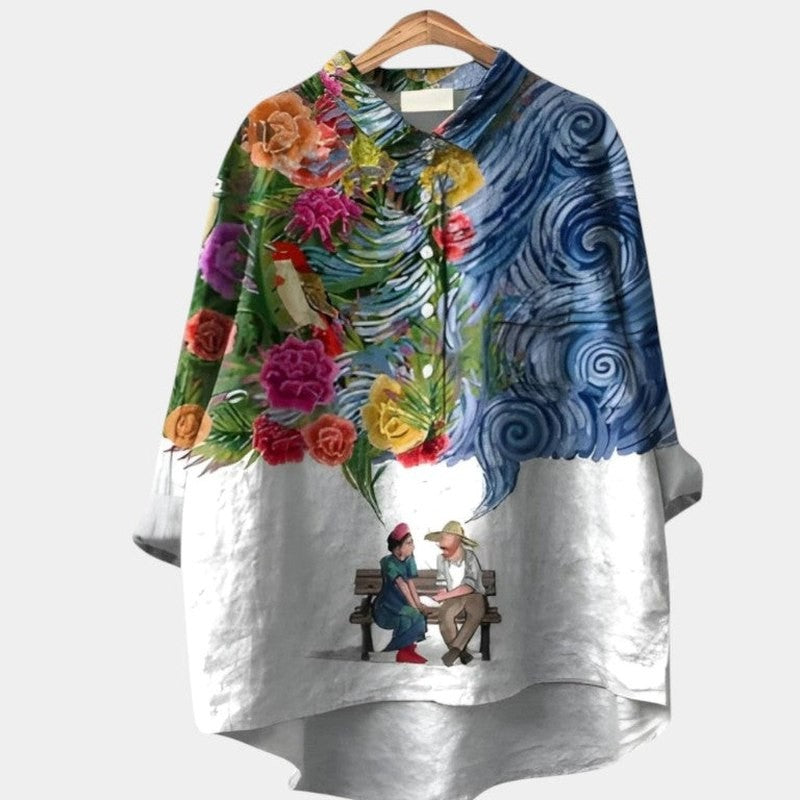 Effortless Abstract Blouse for Women with Collared Long Sleeve Button Front Oversized Pockets Casual Style