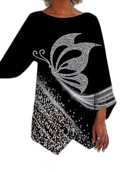 Effortless Abstract Blouse for Women with Crew Neck Long Sleeve Oversized Casual Style