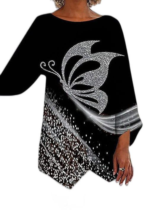 Effortless Abstract Blouse for Women with Crew Neck Long Sleeve Oversized Casual Style